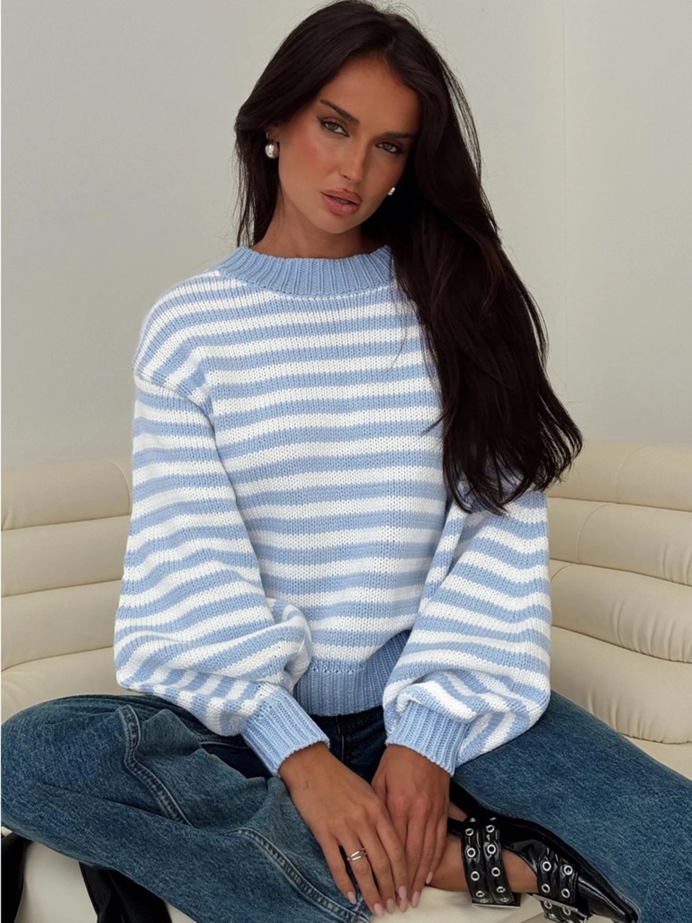 Princess Polly Harmony Balloon Sleeve Knit Sweater Blue/White